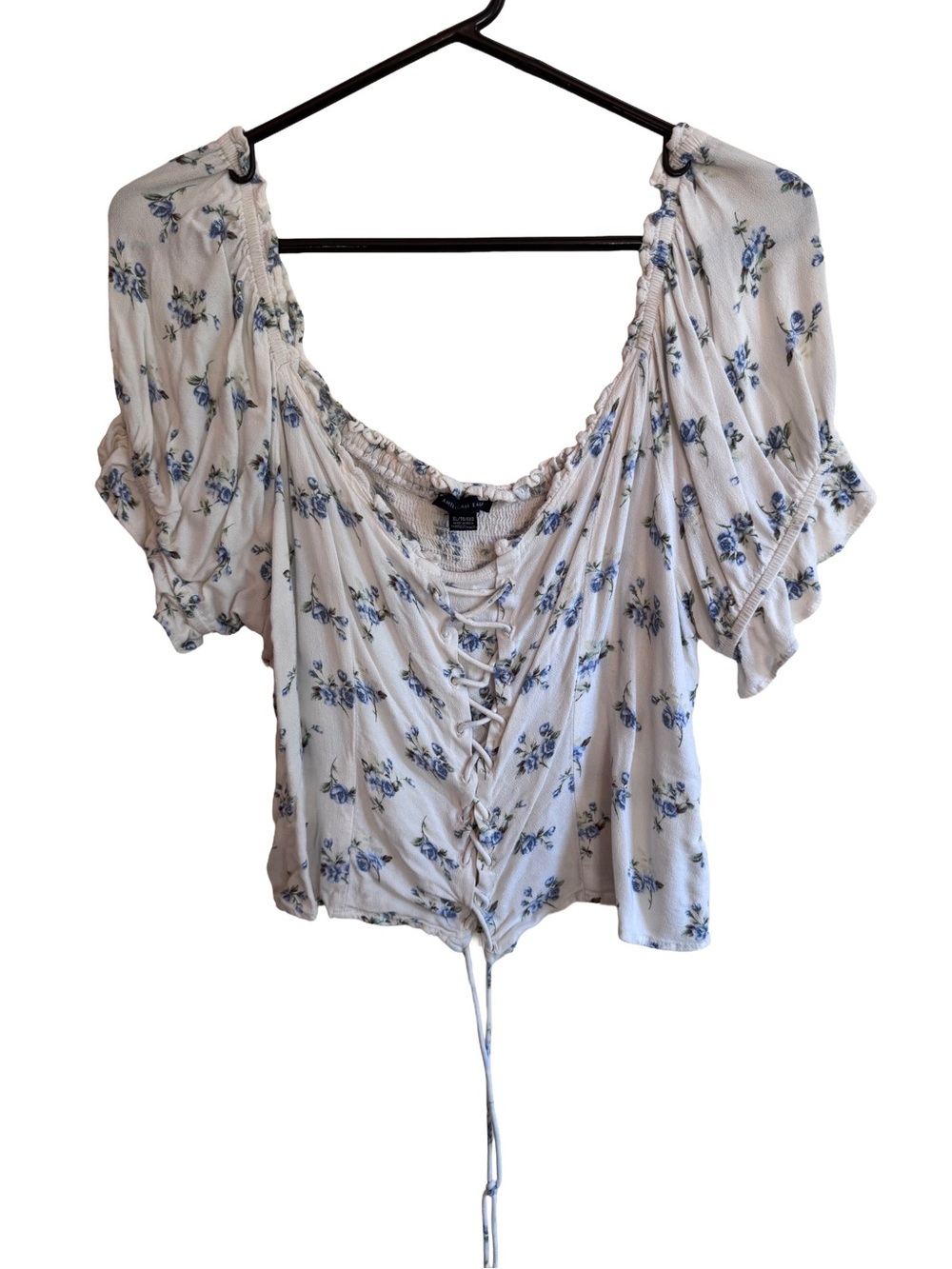 American Eagle Outfitters white Crop Top with Blue Floral Lace-Up Front